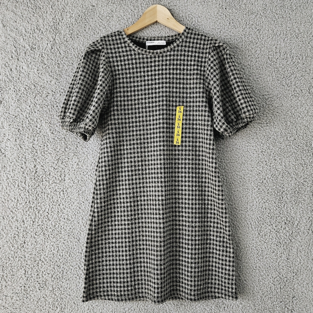 Pull&Bear Gingham Mini Dress Small S Short Puff Sleeves Black Gray 90s Grunge
